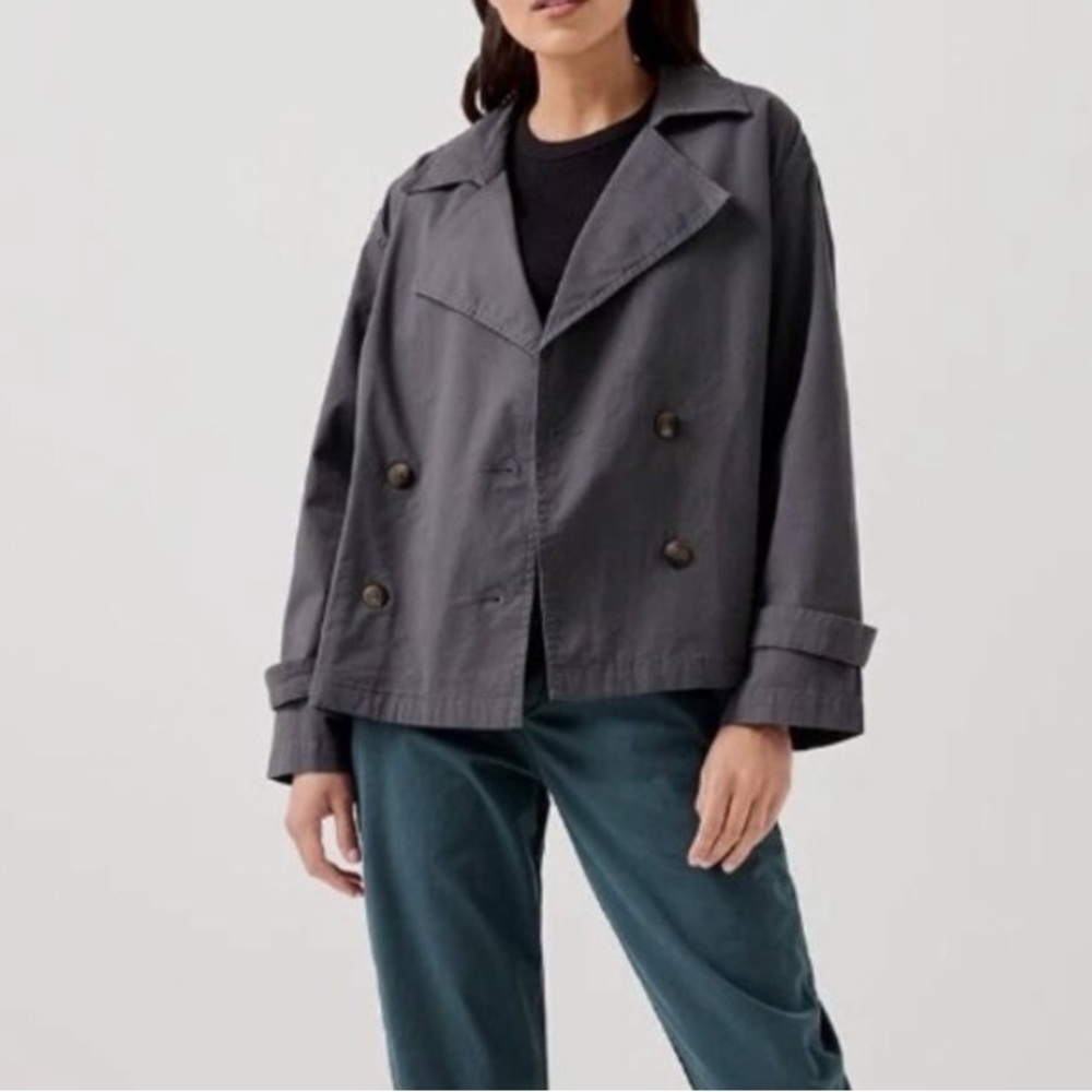 Pact Boulevard Brushed Twill Double Breasted Cropped Trench Coat Jacket Grey Sm